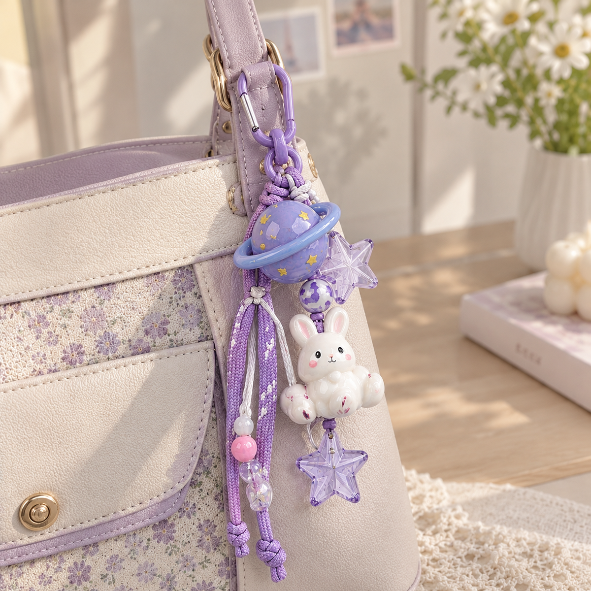 Purple Bunny Planet Star Beaded Bag Charm