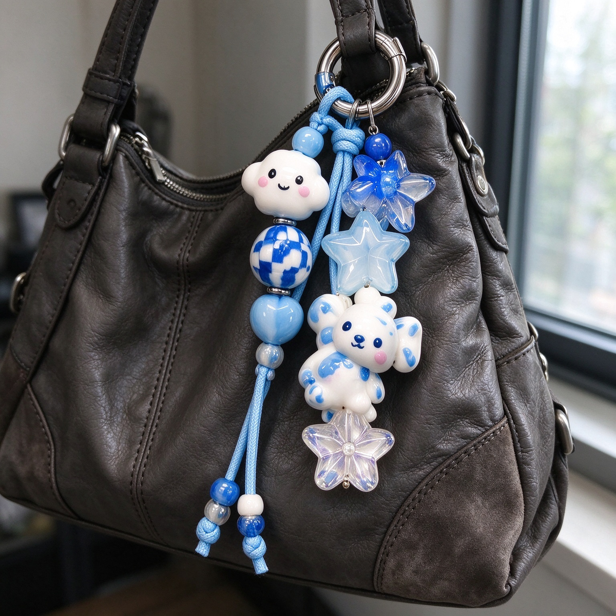 Blue Cloud Bunny & Star Beaded Bag Charm