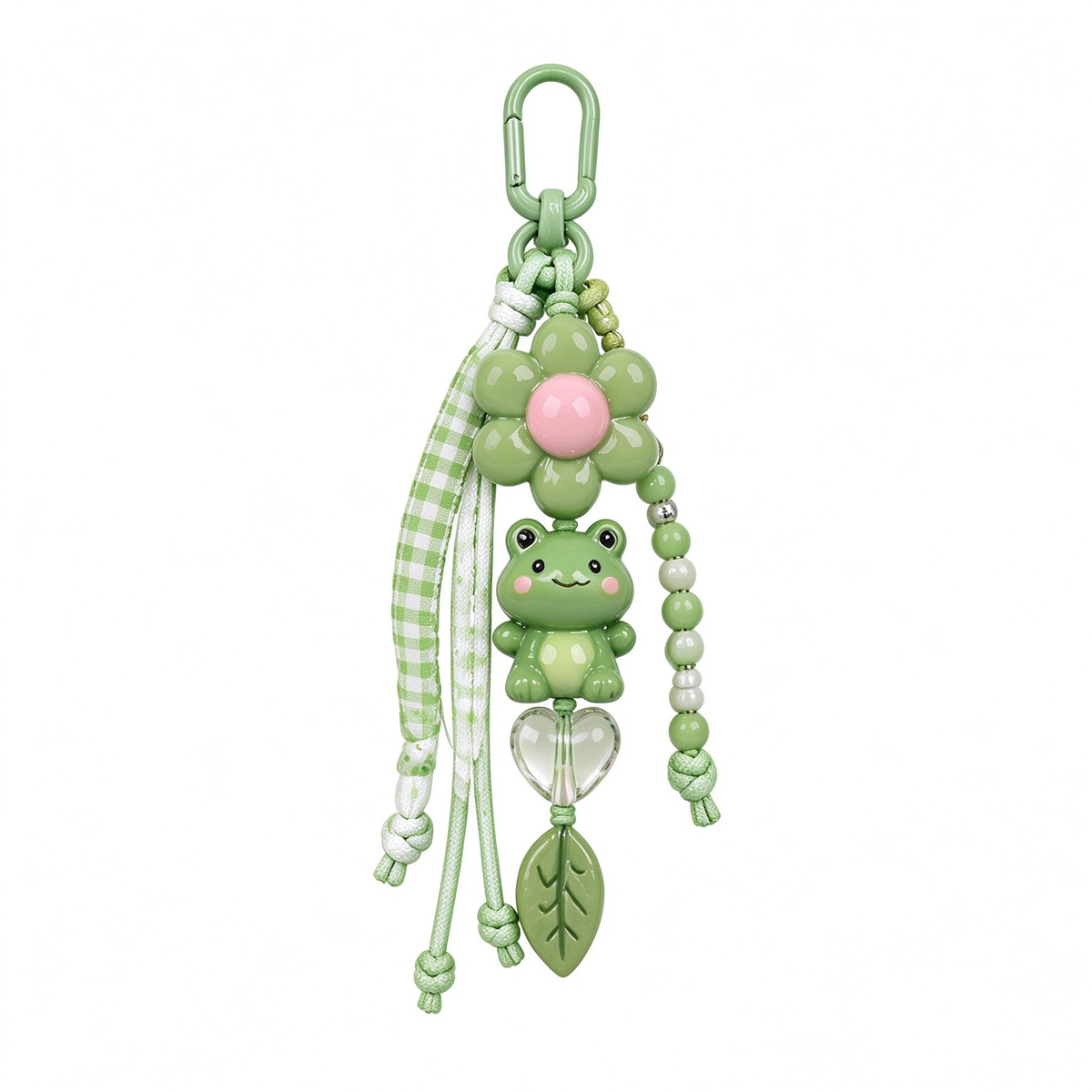 Green Frog Flower & Leaf Beaded Bag Charm