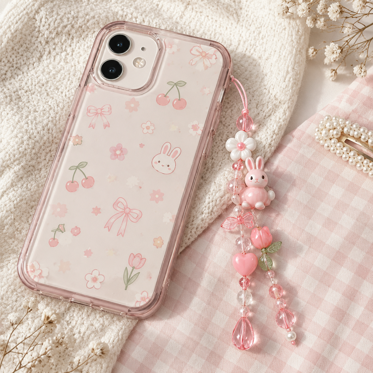 Pink Bunny Tulip Beaded Phone Charm