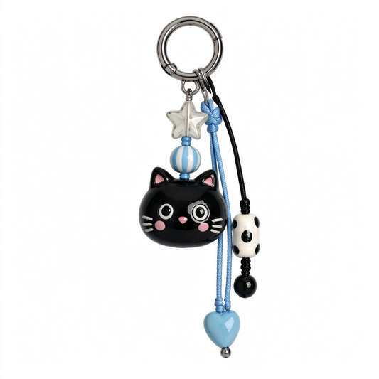 Black Cat & Blue Heart Beaded Bag Charm