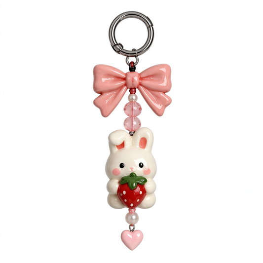 Pink Bow Strawberry Bunny Bag Charm
