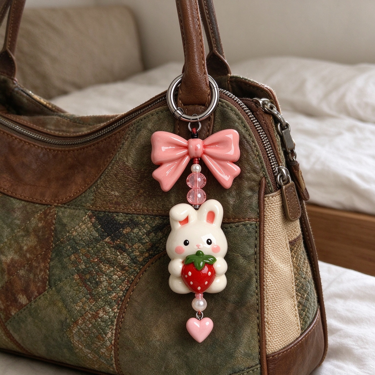 Pink Bow Strawberry Bunny Bag Charm