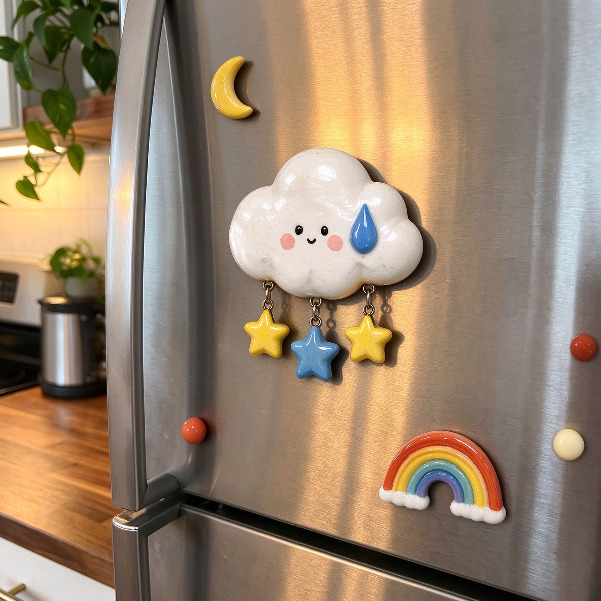 Cute Cloud with Raindrop and Hanging Stars Fridge Magnet