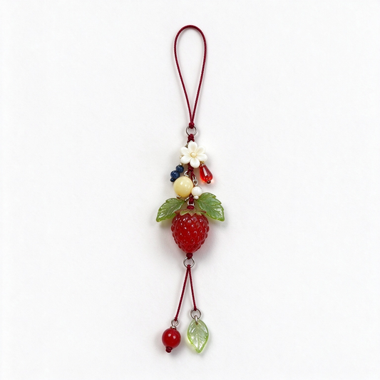 Red Strawberry & Green Leaf Beaded Phone Charm