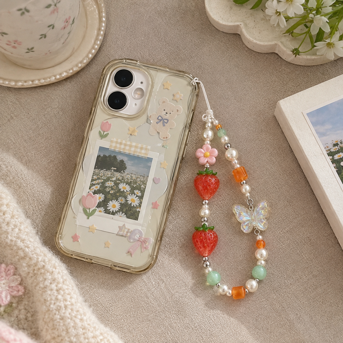 Strawberry Daisy Butterfly Phone Charm