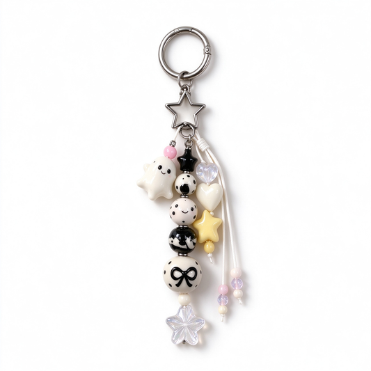Black and White Ghost Star Beaded Bag Charm