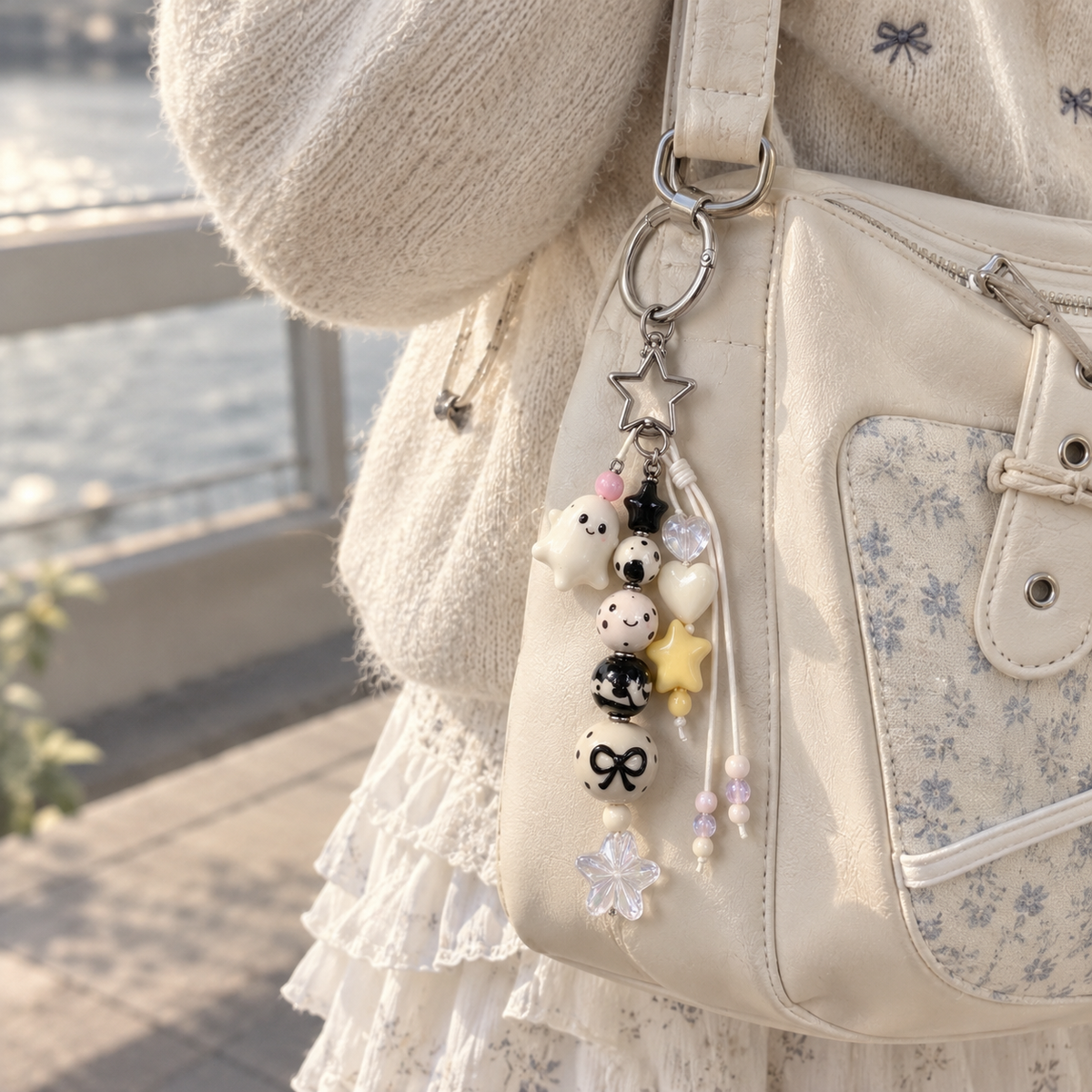 Black and White Ghost Star Beaded Bag Charm