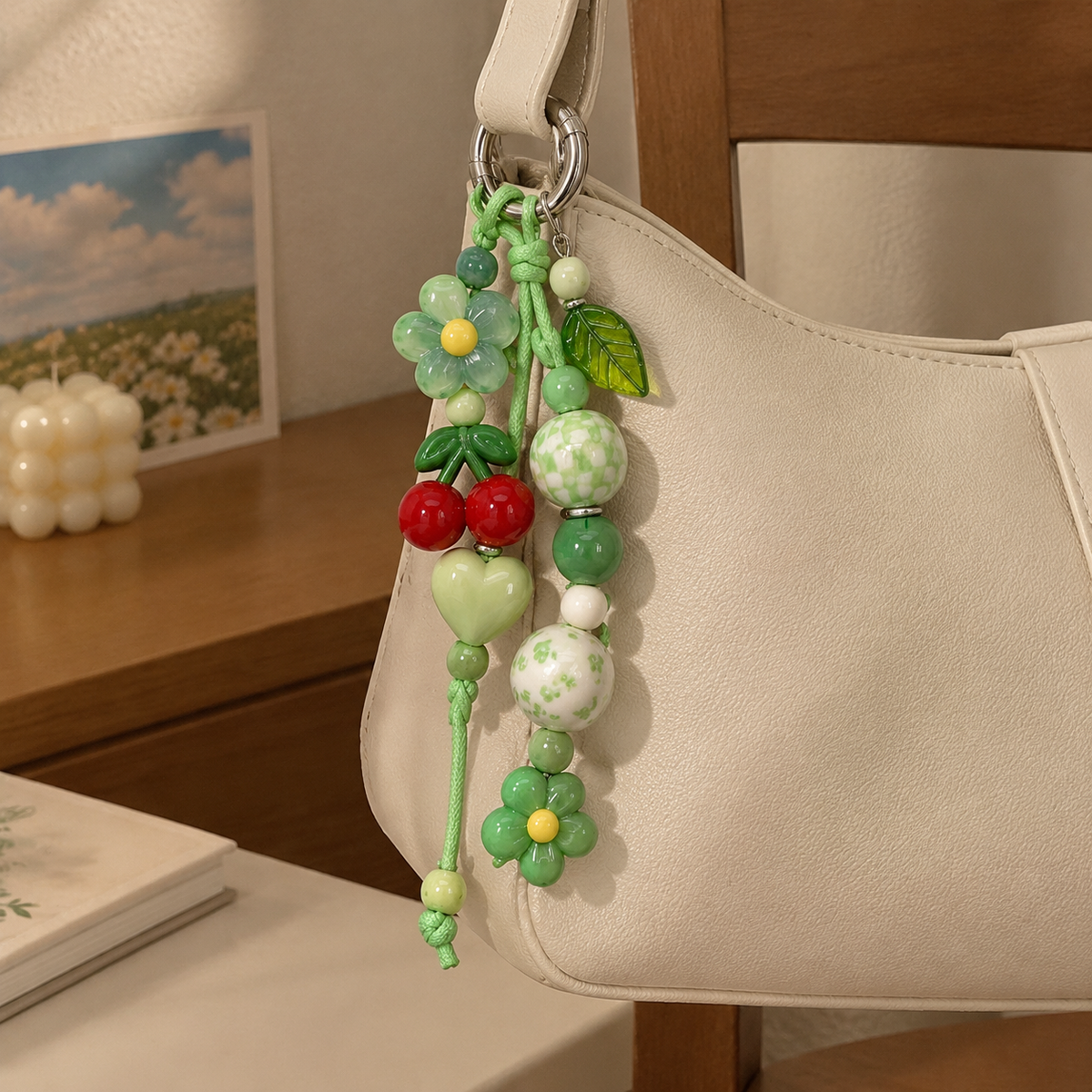 Green Floral Cherry Beaded Bag Charm