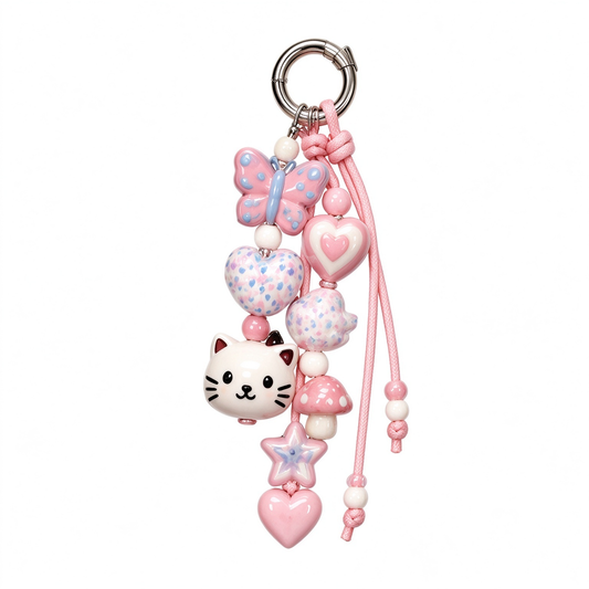 Pink Cat Butterfly Heart Beaded Bag Charm