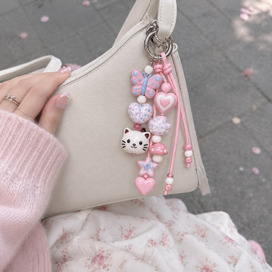 Pink Cat Butterfly Heart Beaded Bag Charm
