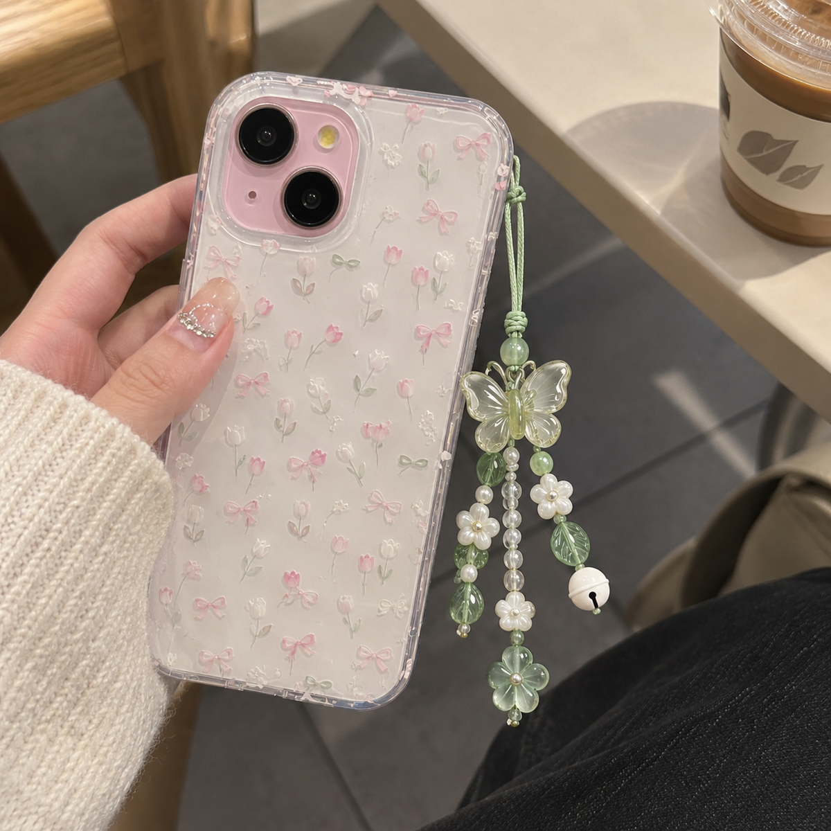 Sage Green Butterfly Floral Phone Charm