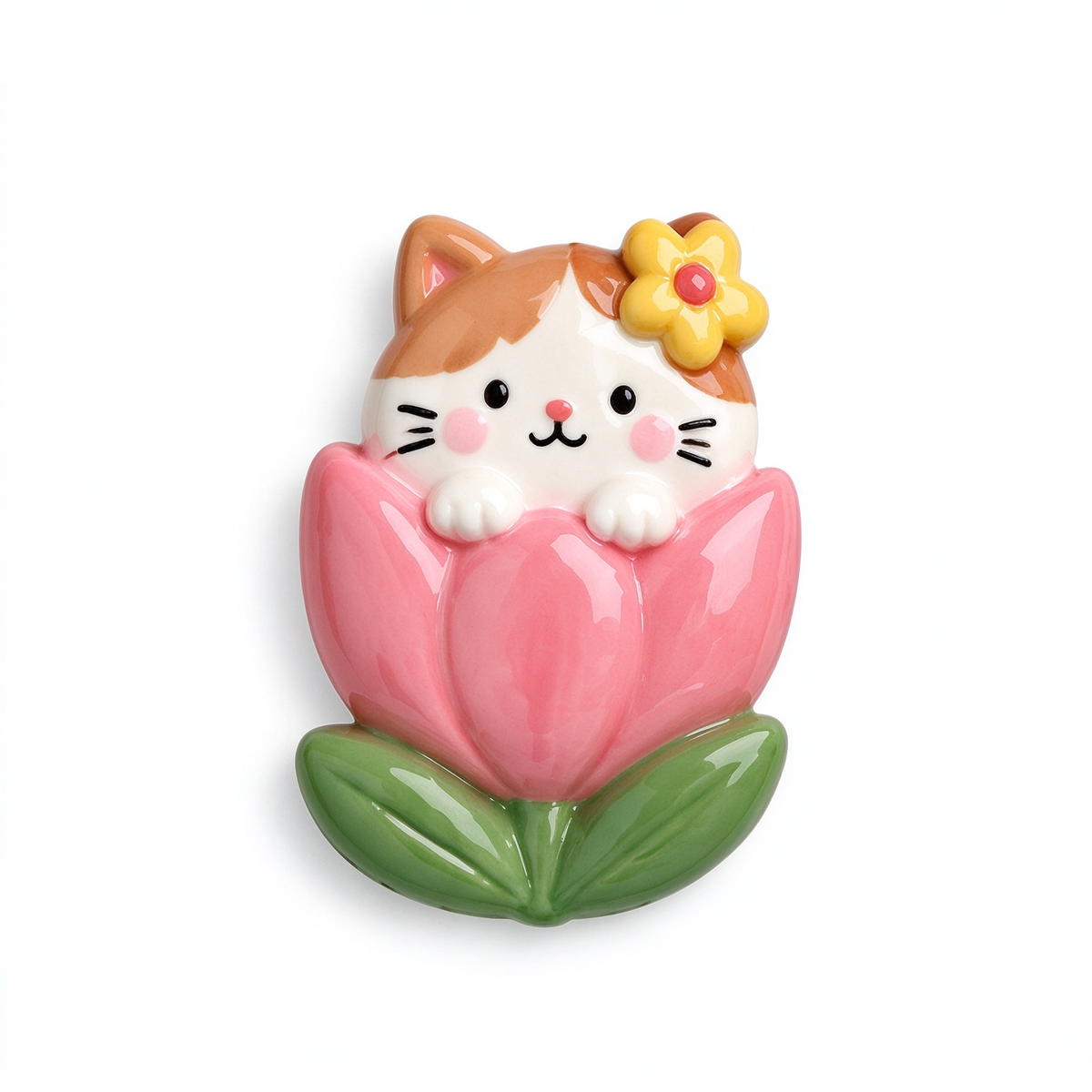 Cute Cat in Pink Flower Ceramic Fridge Magnet