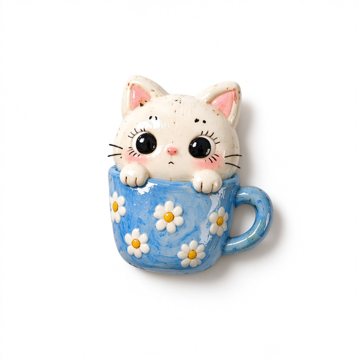 Cute Cat Peeking from Blue Daisy Mug Fridge Magnet