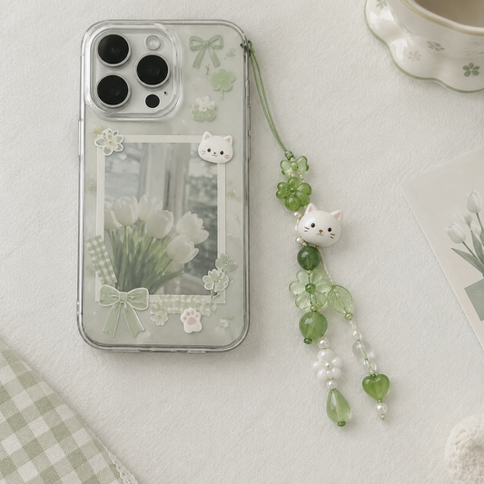 Green Cat Clover Heart Phone Charm
