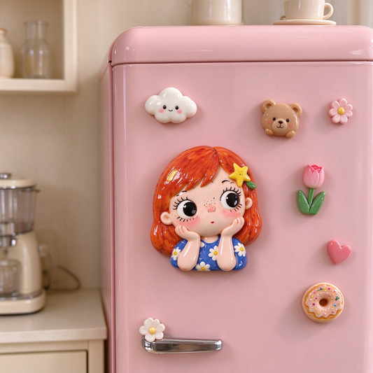 Red-Haired Girl Kawaii Ceramic Fridge Magnet