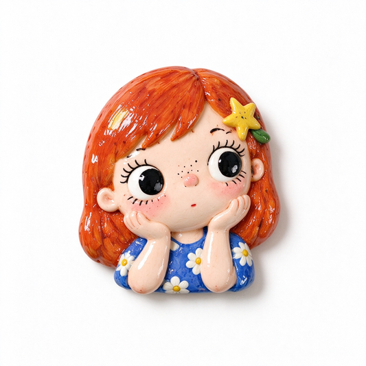 Red-Haired Girl Kawaii Ceramic Fridge Magnet