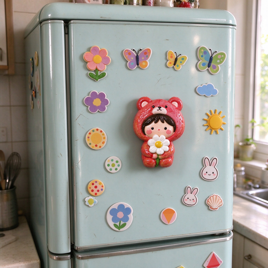 Bear Hood Girl with Daisy Ceramic Fridge Magnet