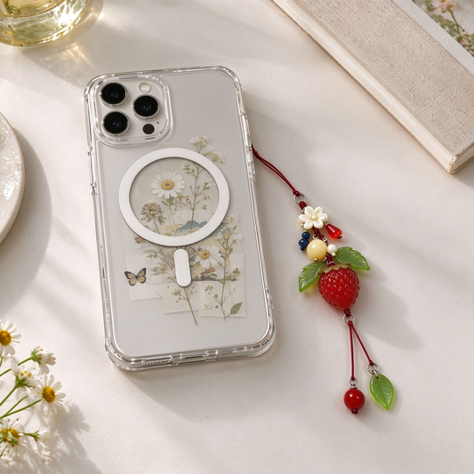 Red Strawberry & Green Leaf Beaded Phone Charm