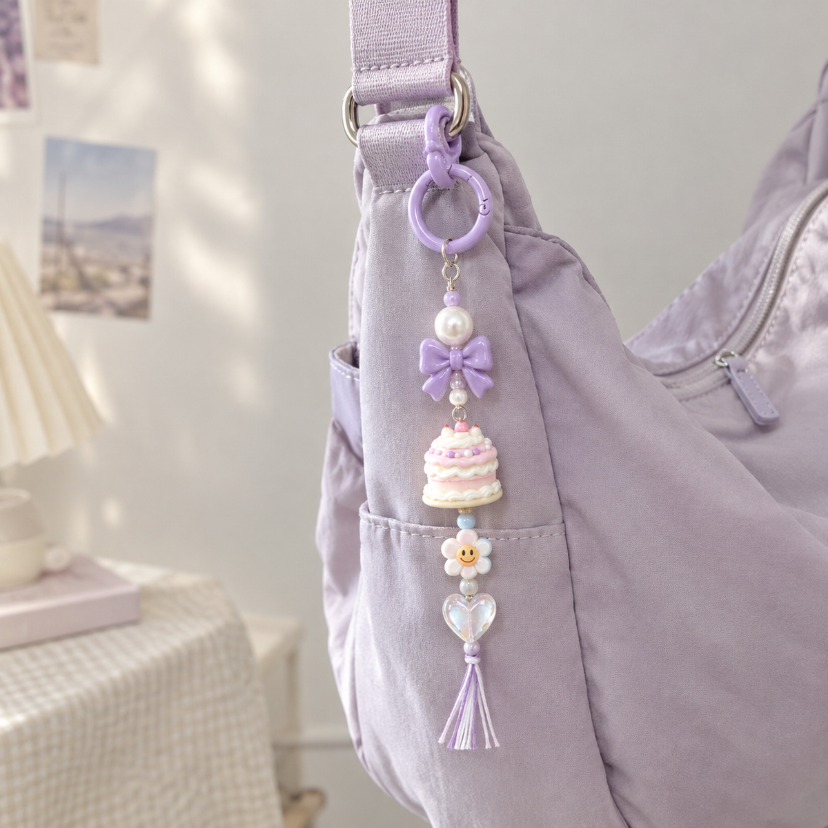Lavender Cake Bow Flower Bag Charm