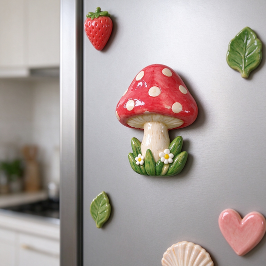 Red Mushroom and Greenery Ceramic Fridge Magnet