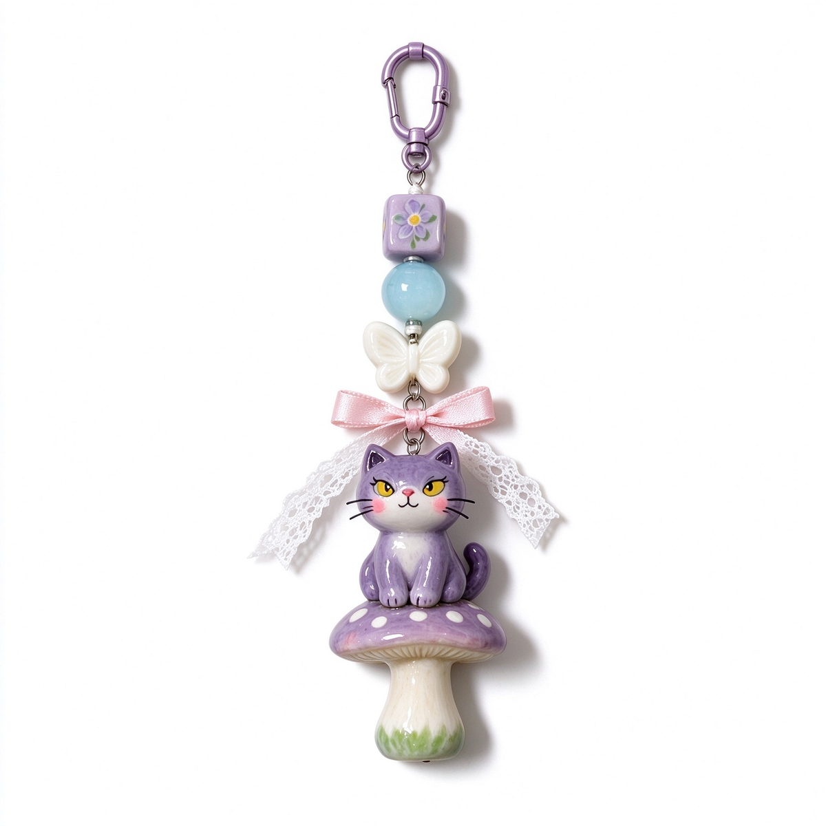 Purple Cat Mushroom Bag Charm